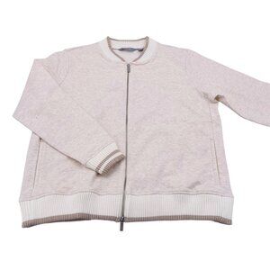 Lands End Womens Cotton Blend Zip-Up Bomber Jacket XL Beige & White Stripes